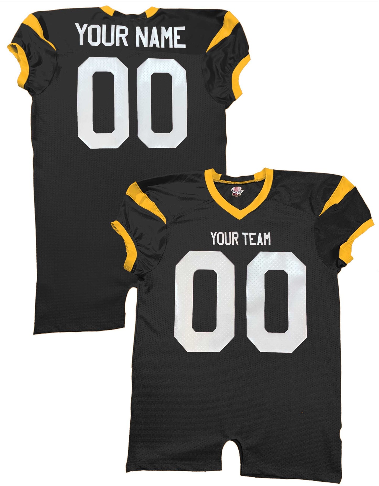 Team Professional Game Fitted Custom Football Jersey, Black, Navy, Gold, Stretch Mesh, Dazzle, Spandex, Team Name, Player Name and Numbers