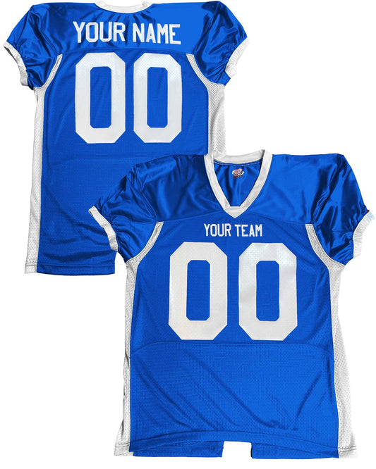Fitted Professional Custom Color Football Jersey, Royal, Navy blue, Purple or Orange Mesh Body, Dazzle, Spandex, Your Names & Numbers