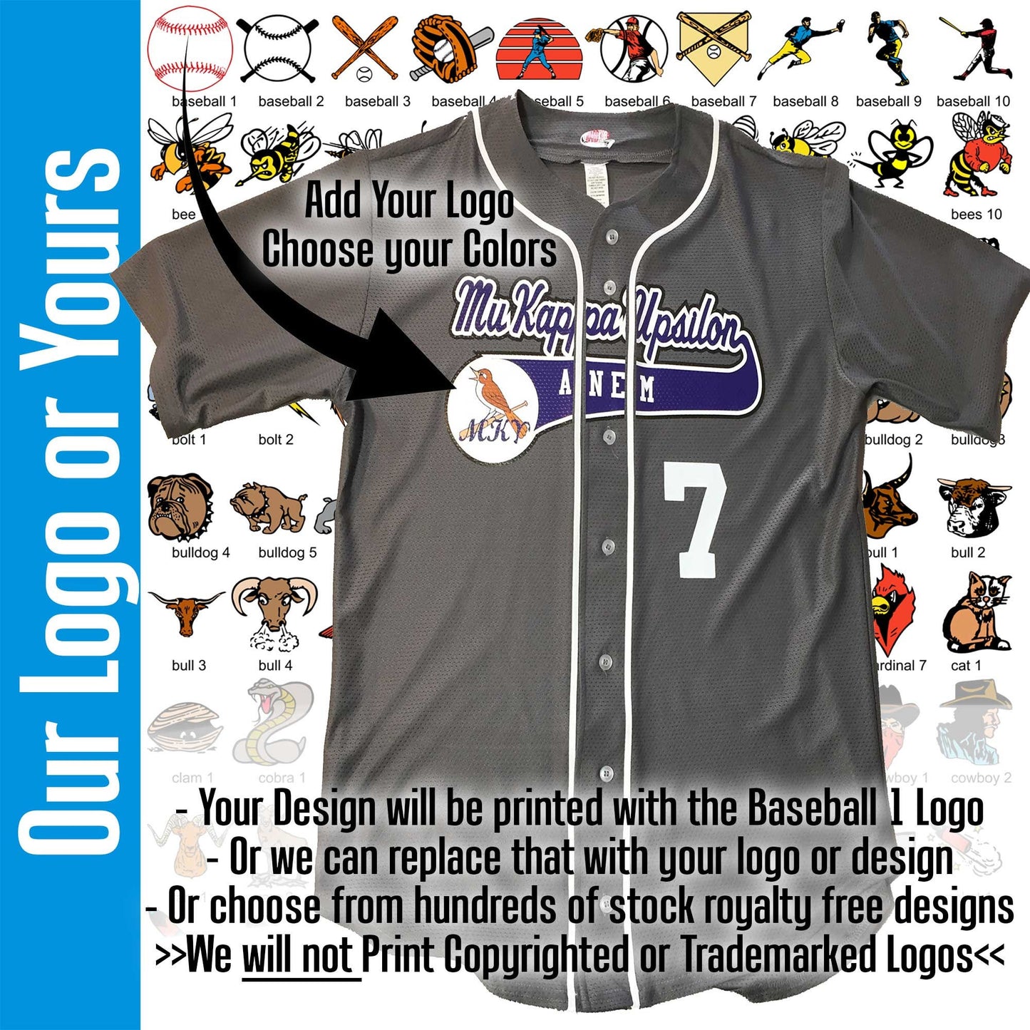 Custom Mascot Design Baseball Jersey with White Piping | Customized Team Logo Graphic | Full Button Down | Printed with your Logo or Mascot