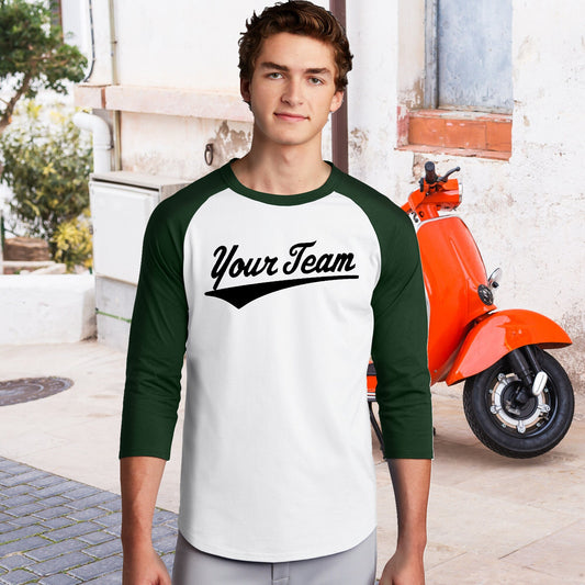 All Cotton 3/4 Sleeve Baseball T, White Body, Trim in Team Colors, Personalized Baseball Raglan, lightweight t-shirt, Baseball Logo