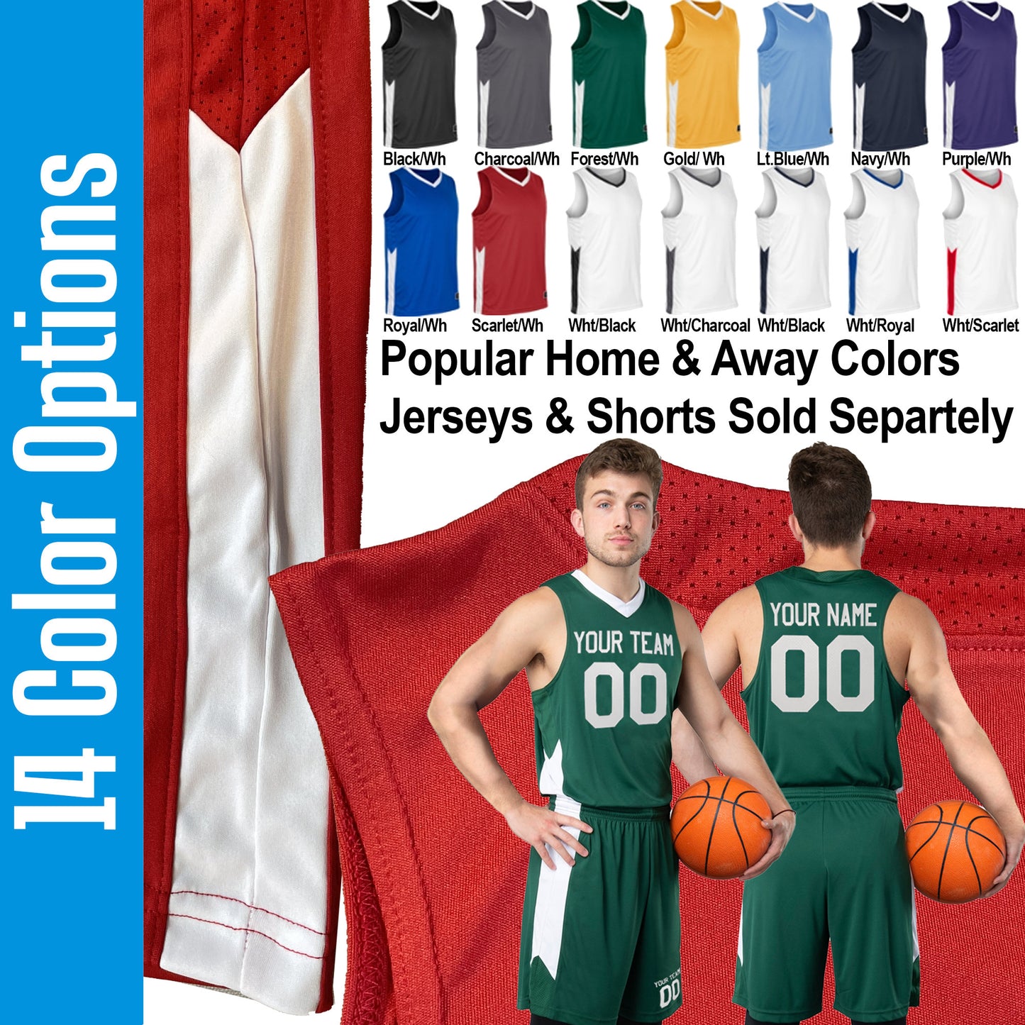 Men's Custom Basketball Shorts, 2 color Contrast Mesh Side Panel, Customized Name and Number on Left Leg, Coordinate with a Matching Jersey