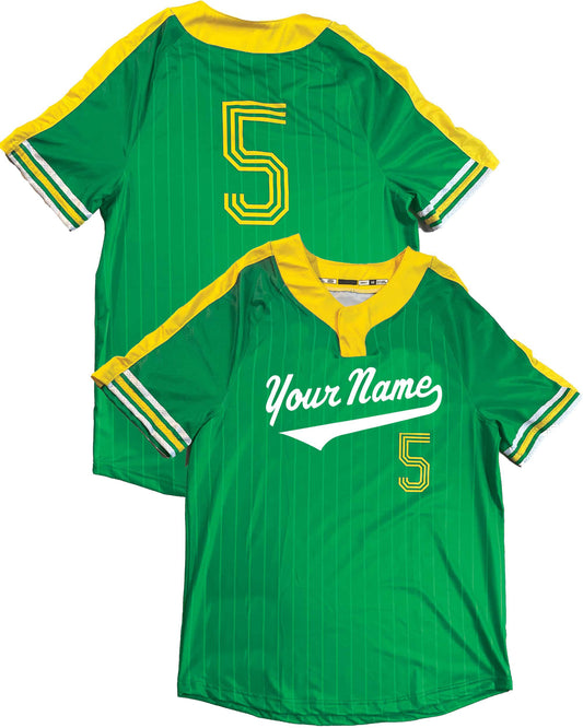 Custom Pinstripe Baseball Jersey: Two-Button, Short Sleeve, Team Logo