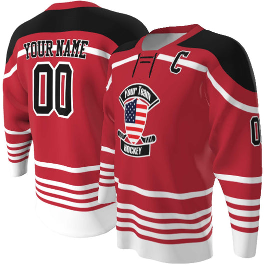 Lace up Neck Custom Hockey Jerseys - USA Shield Your Team Hockey Design, Multi stripe, Player Name and Numbers, Birds Eye Mesh, Sublimated