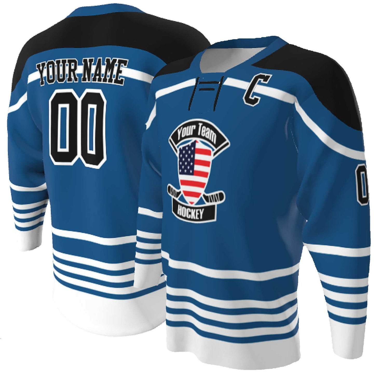 Lace up Neck Custom Hockey Jerseys - USA Shield Your Team Hockey Design, Multi stripe, Player Name and Numbers, Birds Eye Mesh, Sublimated