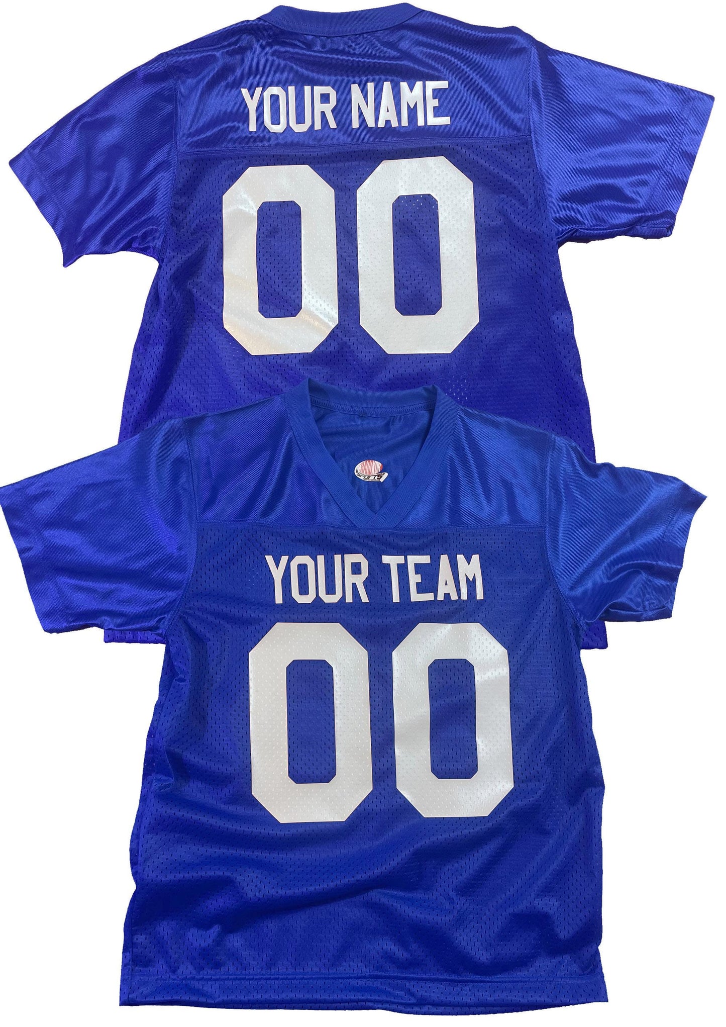 Royal Blue Custom Football Jersey, customized with Names and Numbers 1 Color, 2 Color, Football Art or Sleeve Numbers, 18 Vinyl Print Colors