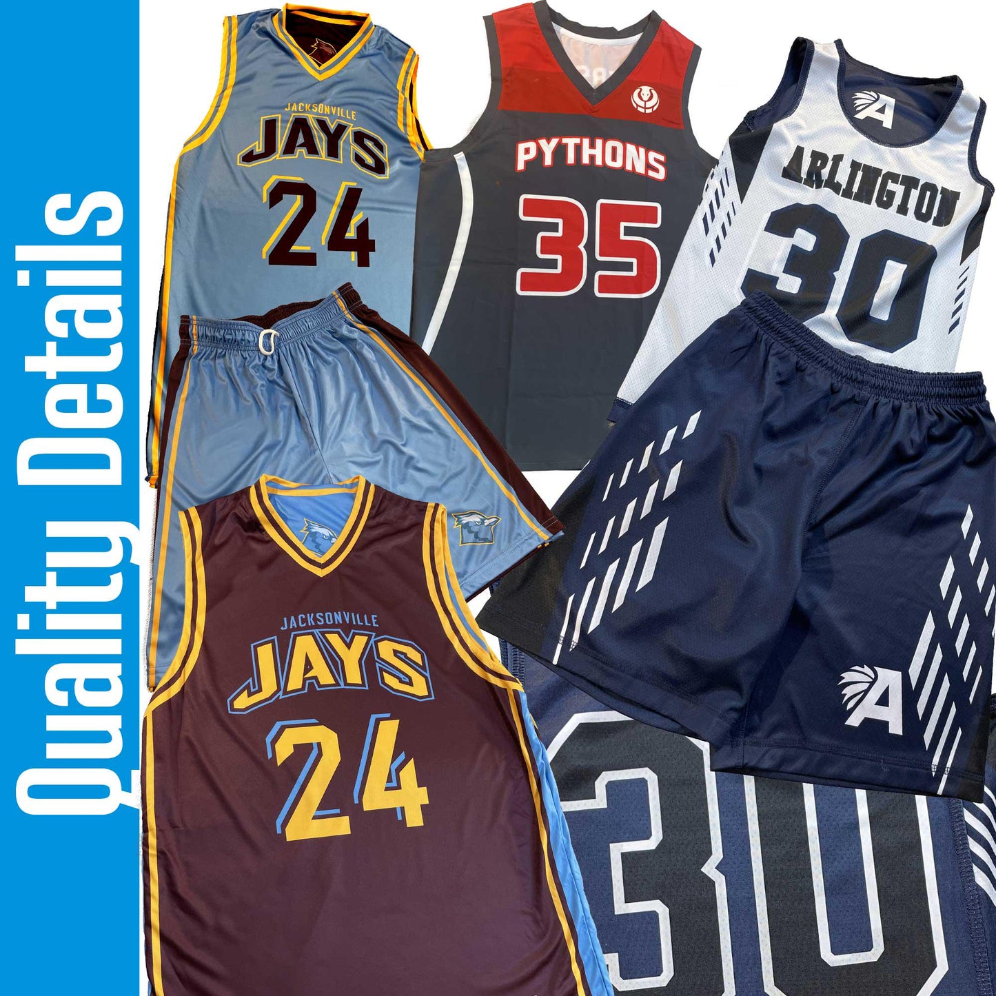 Black and White Custom Basketball Jersey with Team Name in an Arc above a Larger Number. Numbers are white with black and white outlines