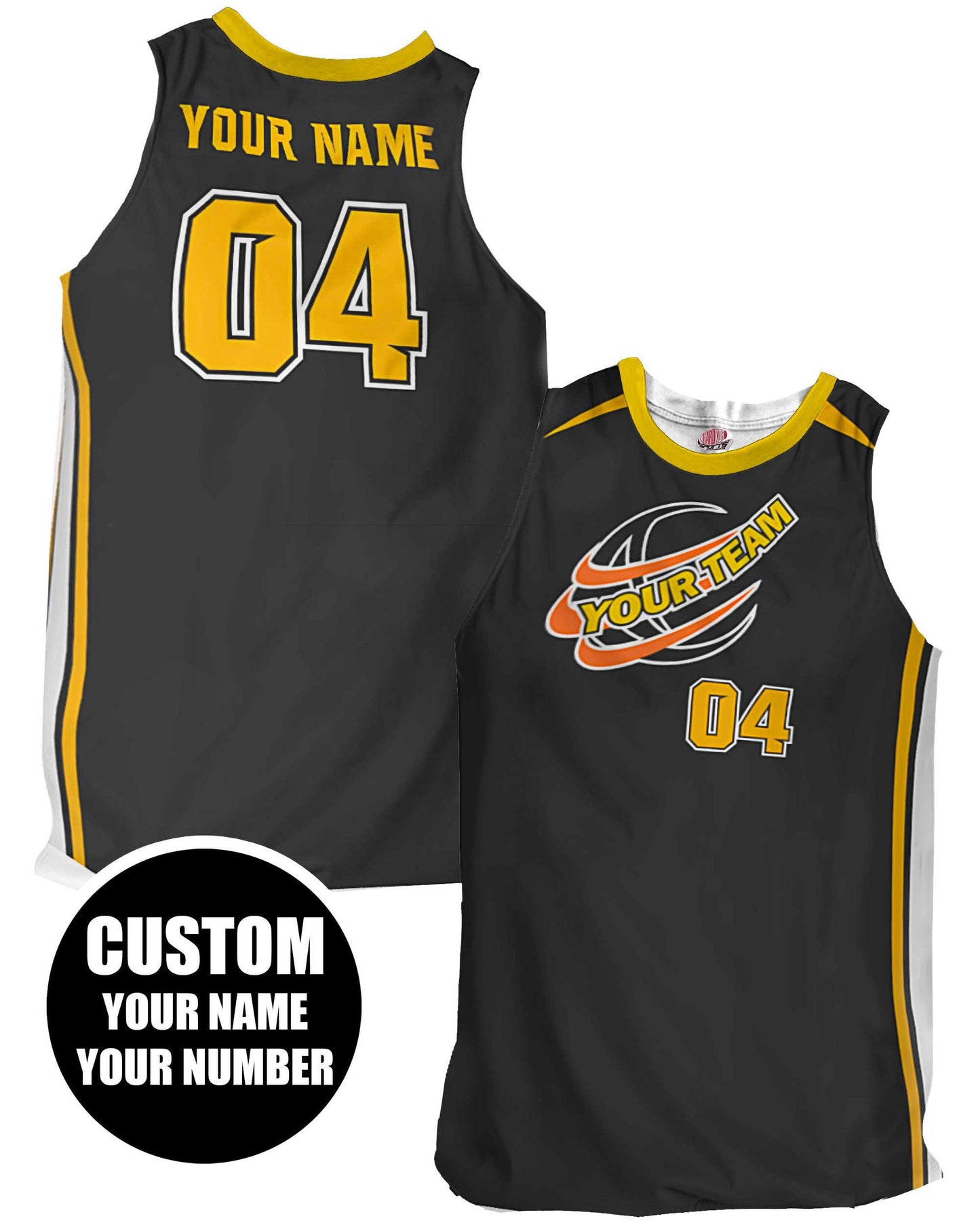 Custom Basketball Jersey: Black, Gold, and White with Orange Logo