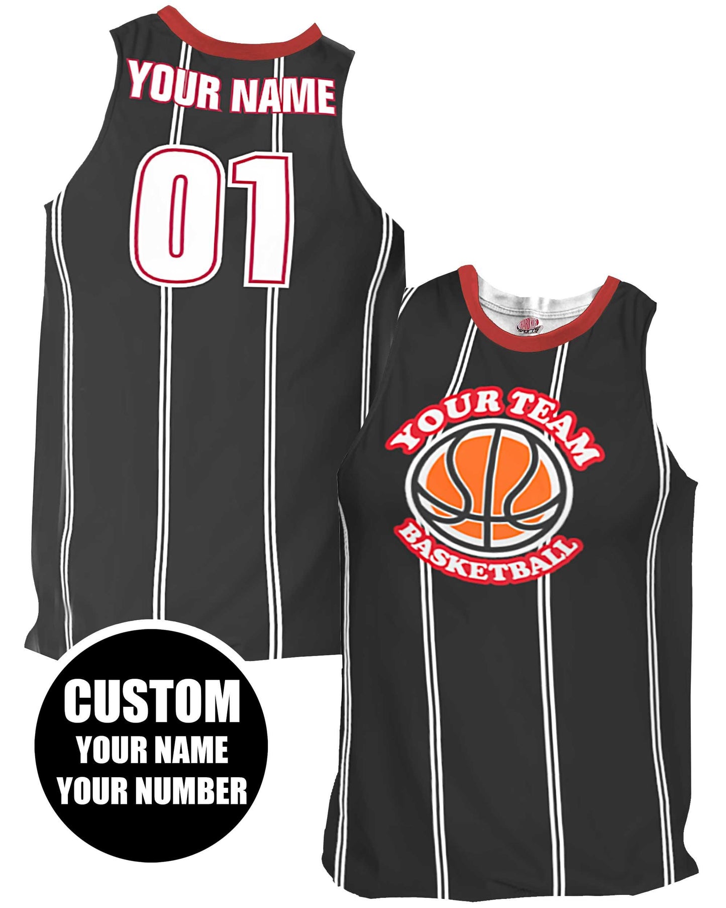 Custom Pinstripe Basketball Jersey: Black & Scarlet Red, Personalized Team Uniform