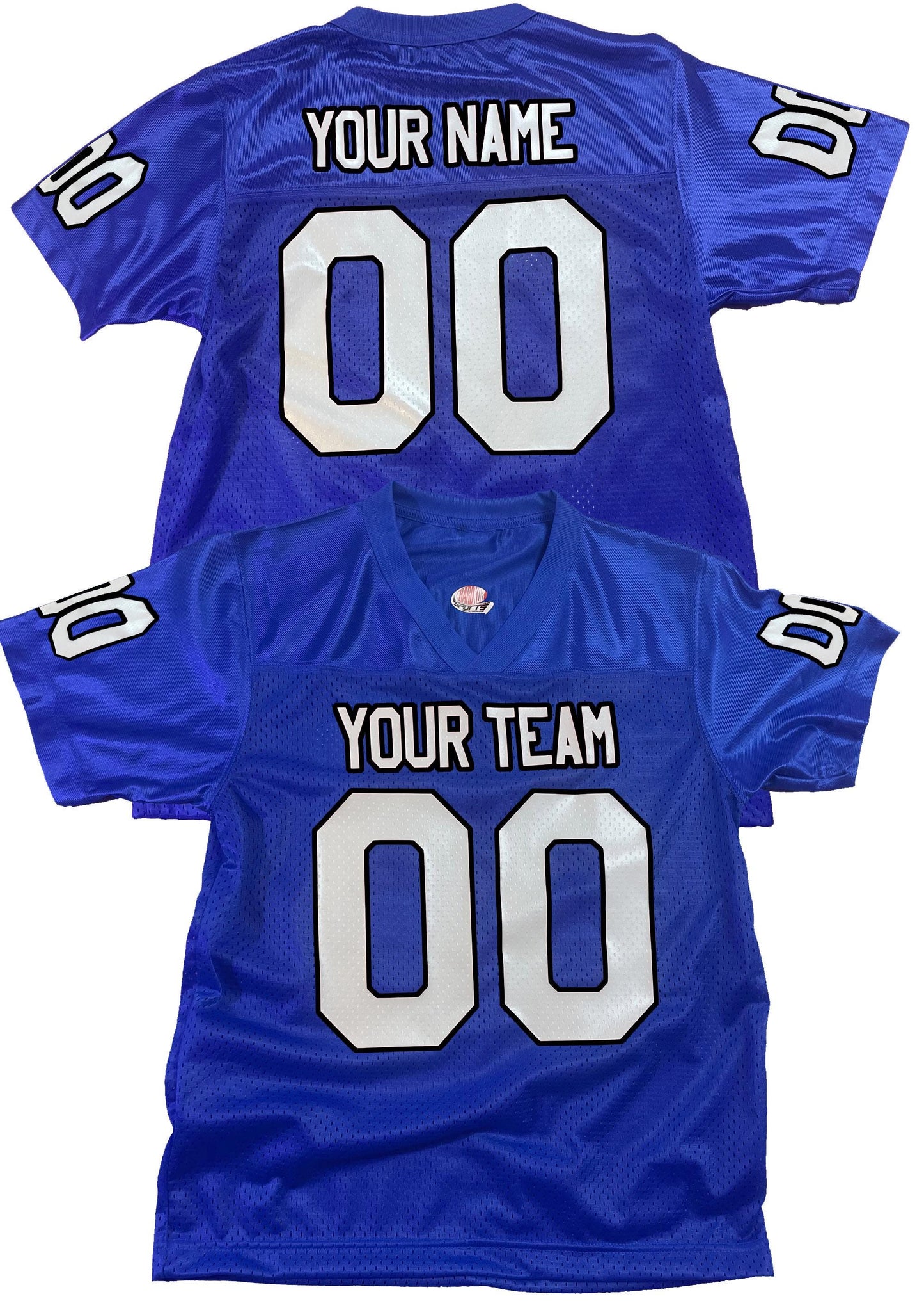 Royal Blue Custom Football Jersey, customized with Names and Numbers 1 Color, 2 Color, Football Art or Sleeve Numbers, 18 Vinyl Print Colors