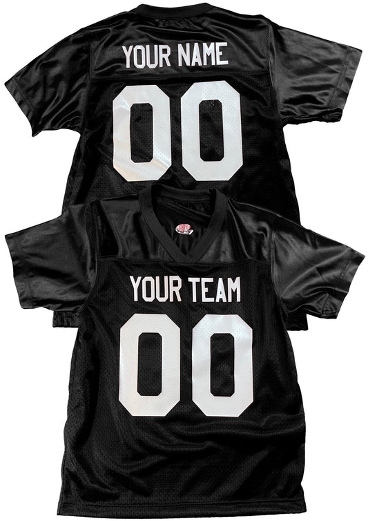 Black Custom Football Jersey, customized with Names and Numbers 1 Color, 2 Color, Football Art or Sleeve Numbers, 18 Vinyl Print Colors