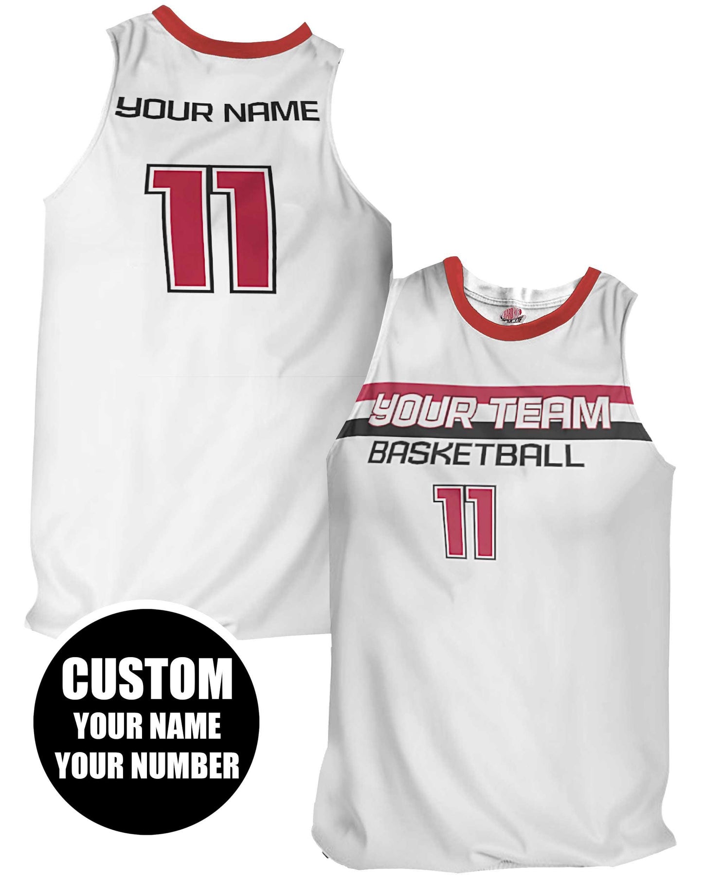 Personalized Sublimated Basketball Jersey: White, Scarlet Red & Black