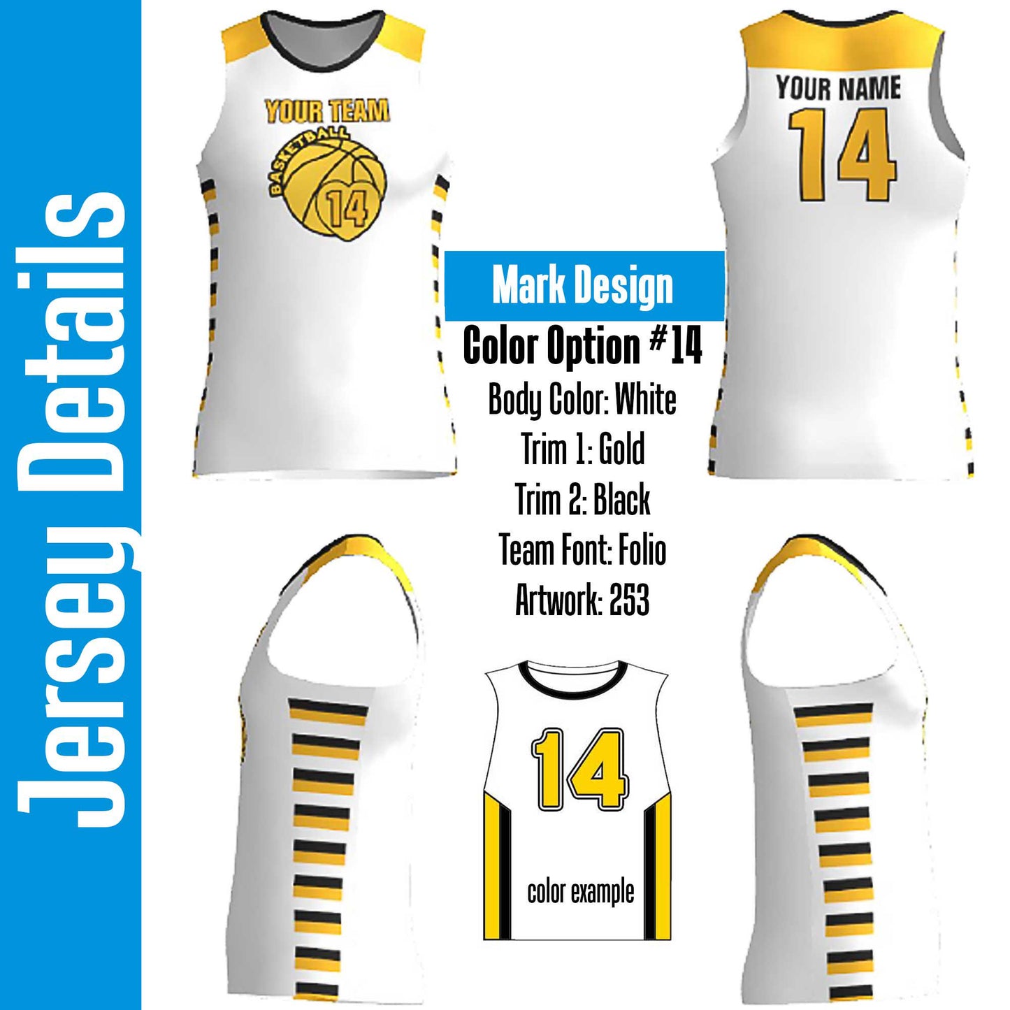 Custom Basketball Jersey: White, Gold & Black Trim, Personalized Number