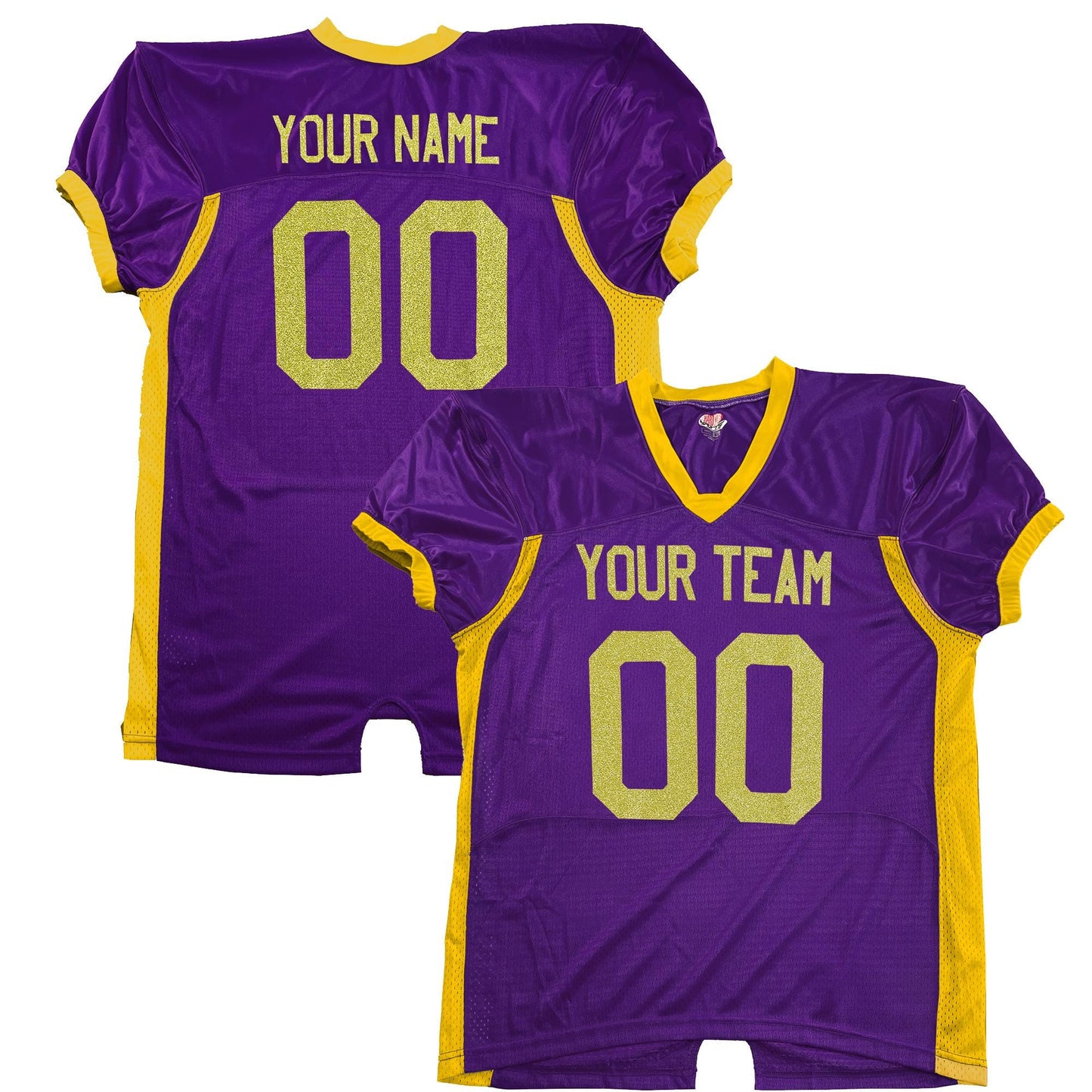 Purple Pro Style Blitz Fitted Shiny, Sparkly, Real Glitter Vinyl Gold Print, Customized Pro Block Names and Numbers, Solid Vinyl Outline
