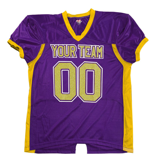 Purple Pro Style Blitz Fitted Shiny, Sparkly, Real Glitter Vinyl Gold Print, Customized Pro Block Names and Numbers, Solid Vinyl Outline