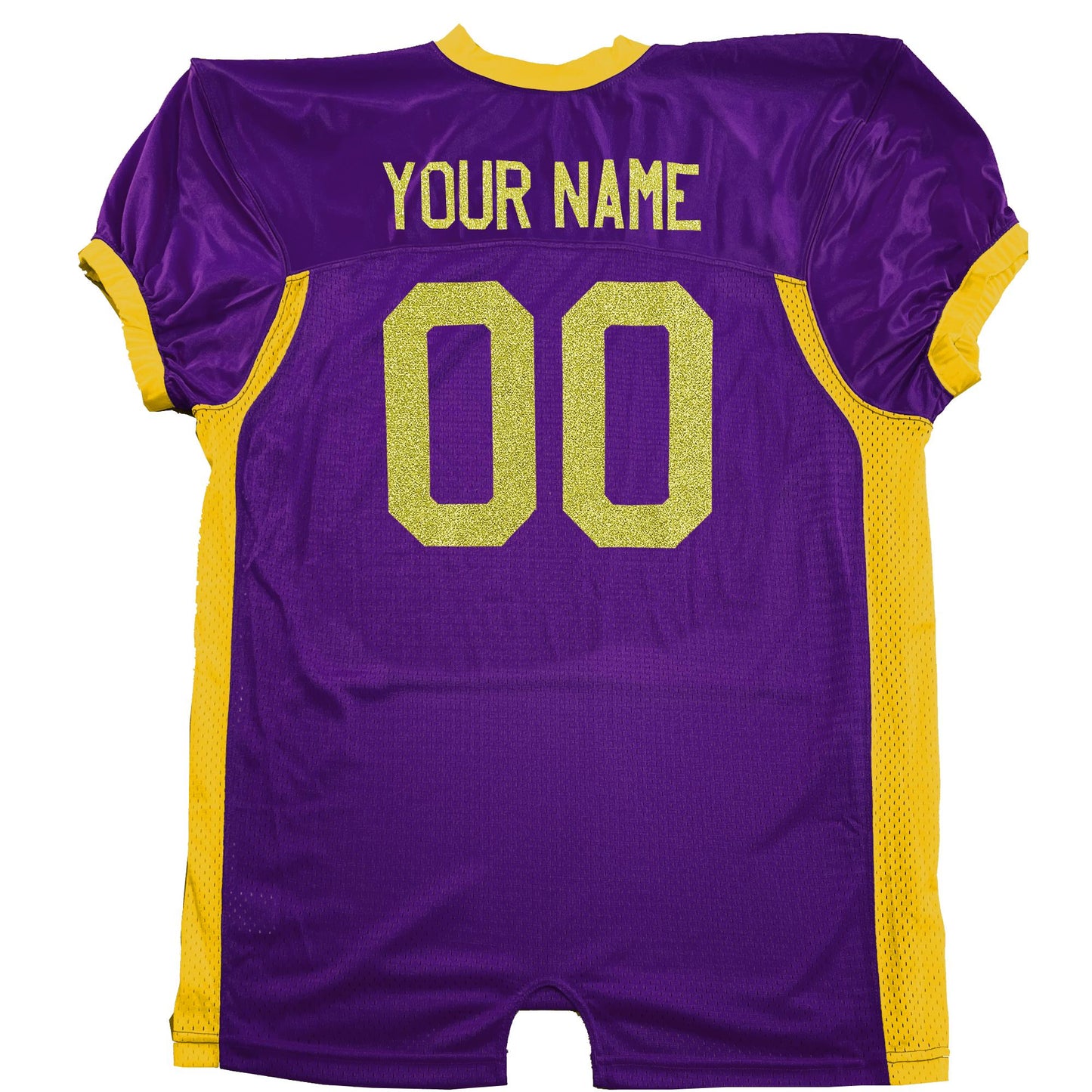 Purple Pro Style Blitz Fitted Shiny, Sparkly, Real Glitter Vinyl Gold Print, Customized Pro Block Names and Numbers, Solid Vinyl Outline