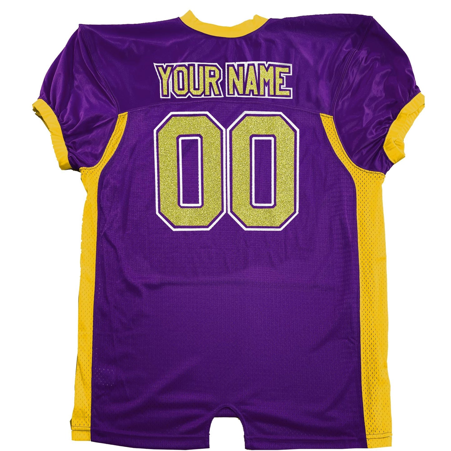 Purple Pro Style Blitz Fitted Shiny, Sparkly, Real Glitter Vinyl Gold Print, Customized Pro Block Names and Numbers, Solid Vinyl Outline