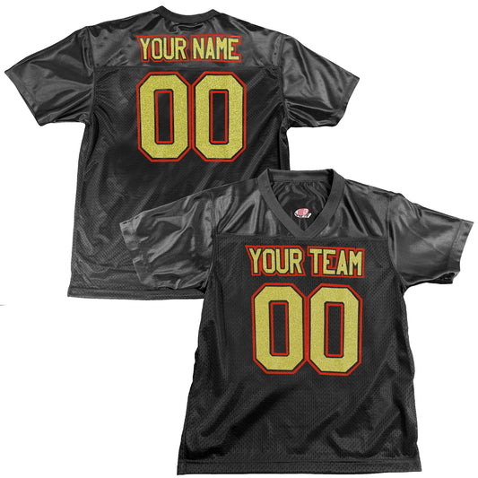 Black Replica Football Jersey, Sparkling Glitter Vinyl Lettering, Silver or Gold Glitter, add Choice of Color Outlines for Extra Pop