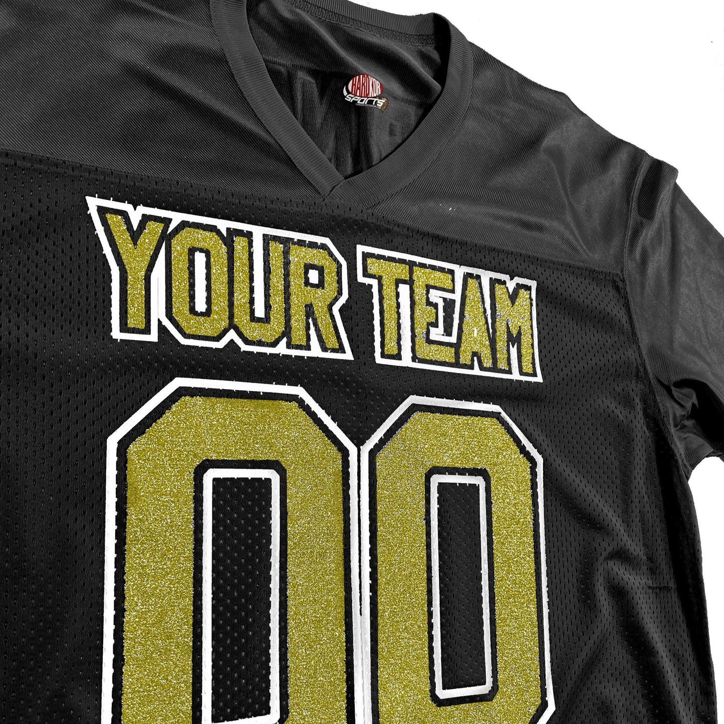 Black Replica Football Jersey, Sparkling Glitter Vinyl Lettering, Silver or Gold Glitter, add Choice of Color Outlines for Extra Pop
