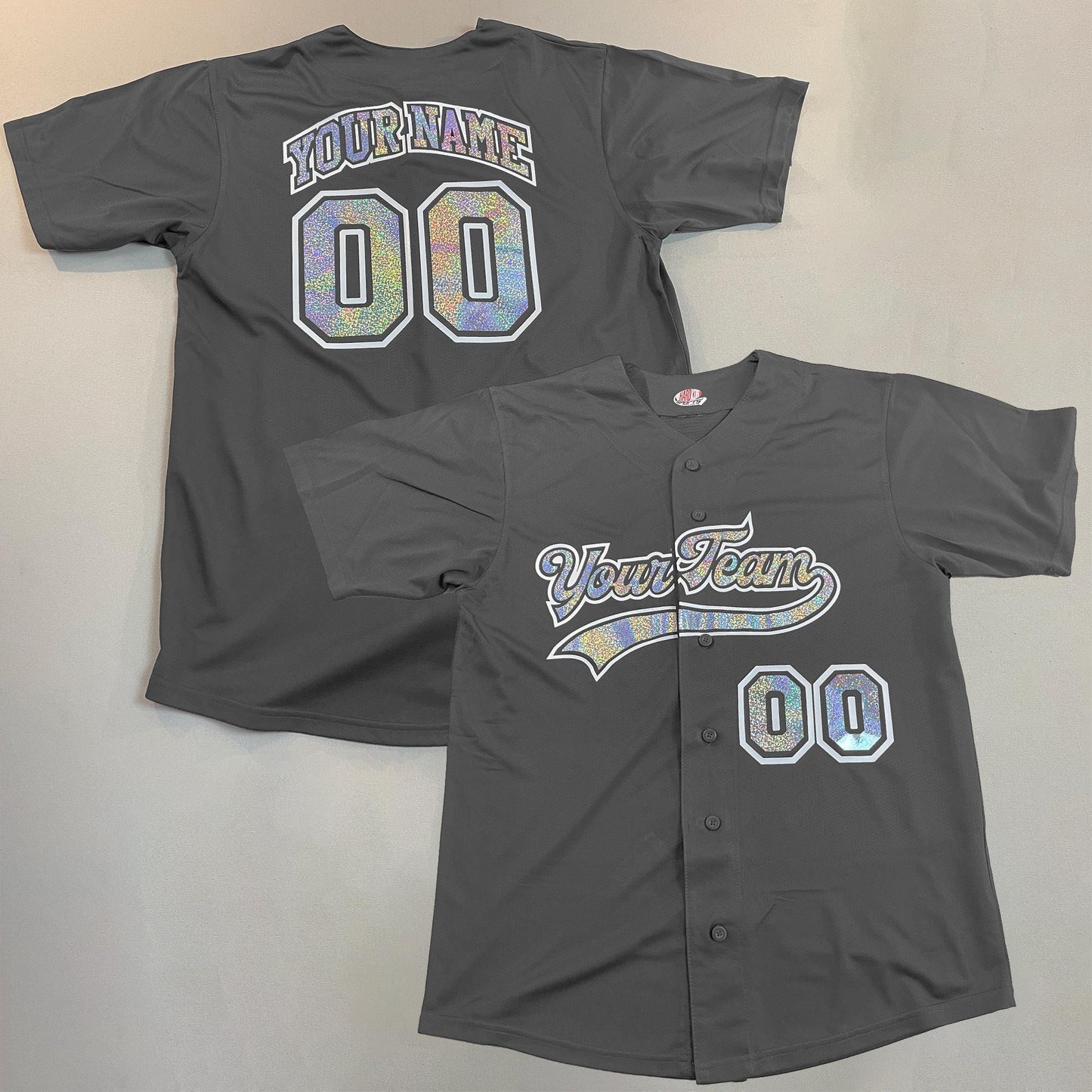 Rainbow Silver Hologram Print Custom Baseball Jersey with White solid Vinyl Outline, Personalized with your Team Name in a Funky Hippy Retro