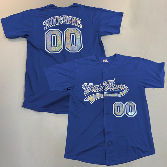 Rainbow Silver Hologram Print Custom Baseball Jersey with White solid Vinyl Outline, Personalized with your Team Name in a Funky Hippy Retro