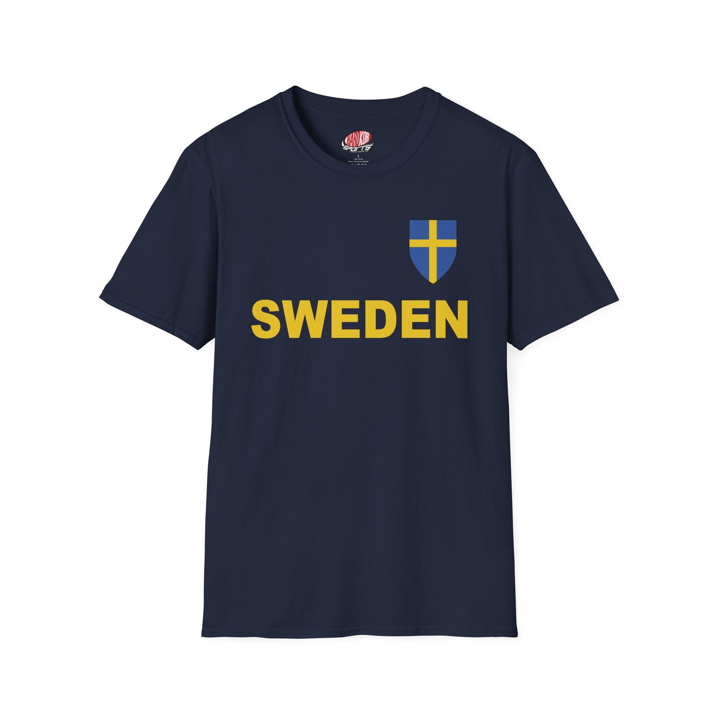 Custom Sweden Soccer Shield Design Economical T-Shirt Add Personalization with Your Name and Number