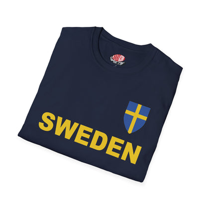 Custom Sweden Soccer Shield Design Economical T-Shirt Add Personalization with Your Name and Number