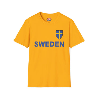 Custom Sweden Soccer Shield Design Economical T-Shirt Add Personalization with Your Name and Number