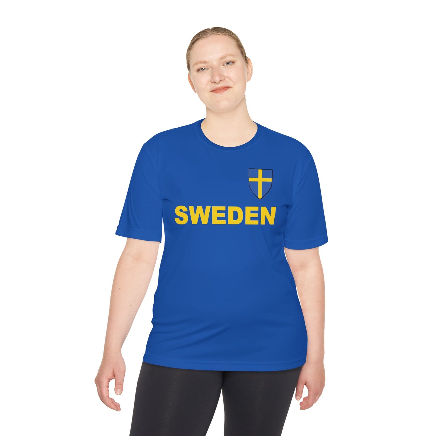 Custom Performance Sweden Soccer Shield Design Moisture Wicking T-Shirt Personalized with Your Name and Number in Your choice of colors