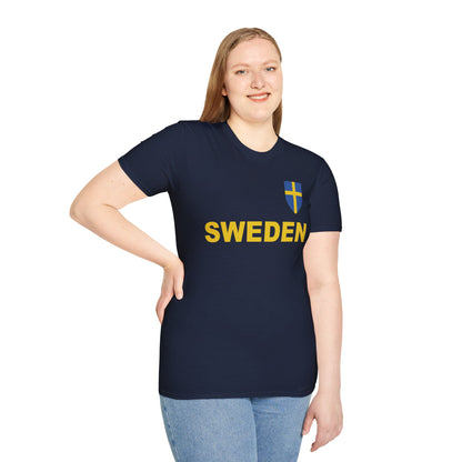 Custom Sweden Soccer Shield Design Economical T-Shirt Add Personalization with Your Name and Number