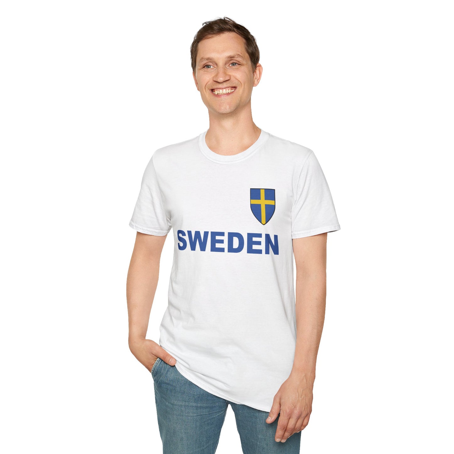 Custom Sweden Soccer Shield Design Economical T-Shirt Add Personalization with Your Name and Number