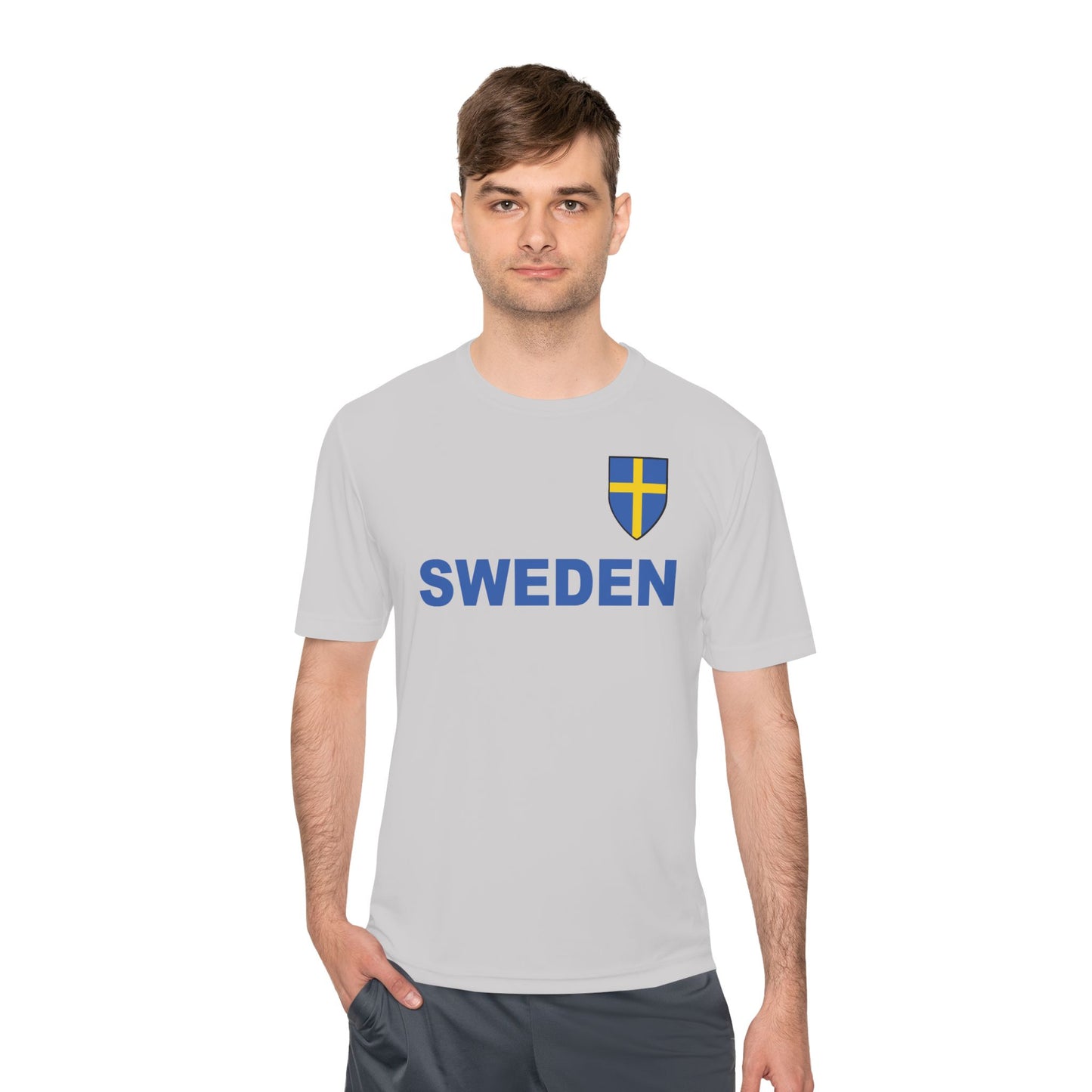 Custom Performance Sweden Soccer Shield Design Moisture Wicking T-Shirt Personalized with Your Name and Number in Your choice of colors