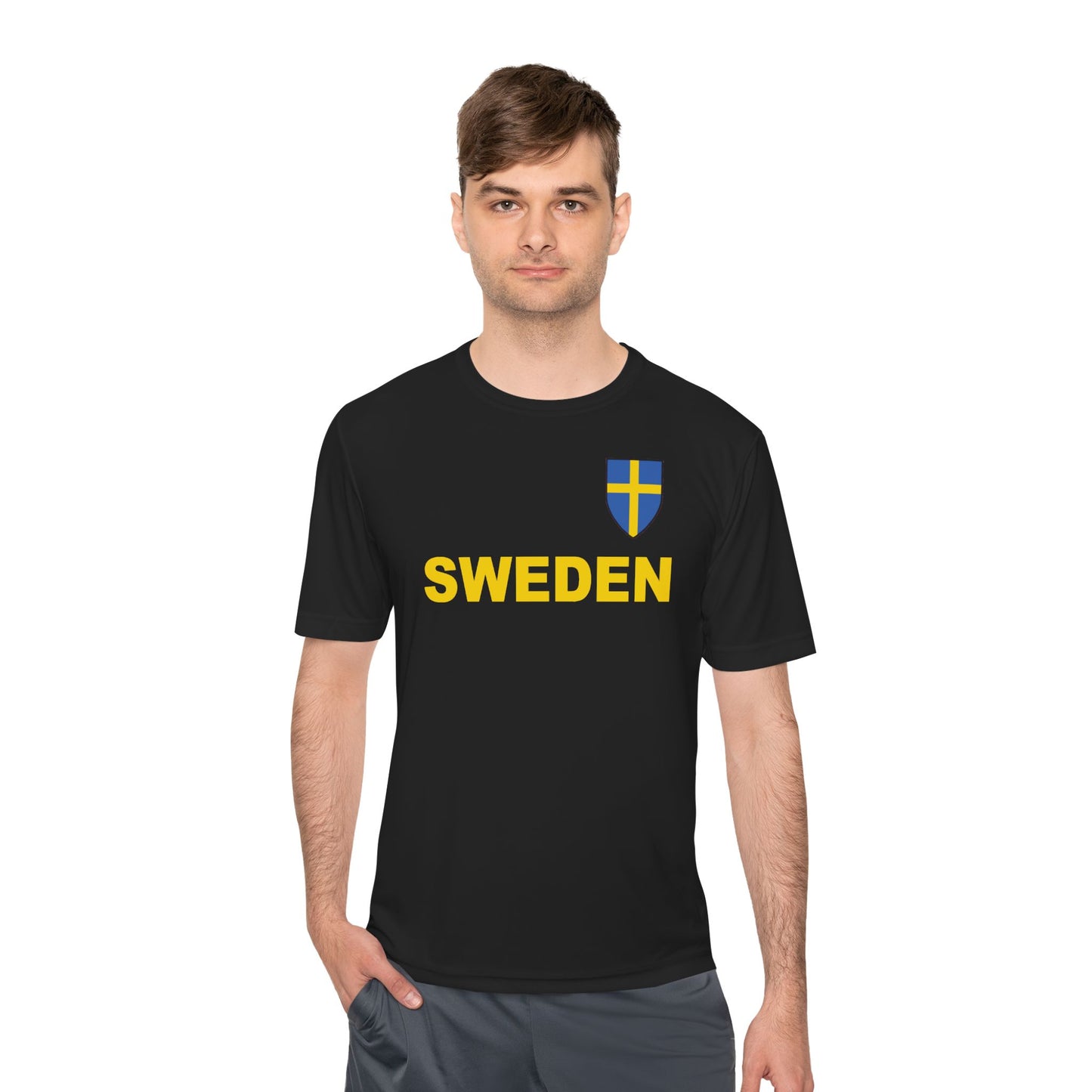 Custom Performance Sweden Soccer Shield Design Moisture Wicking T-Shirt Personalized with Your Name and Number in Your choice of colors