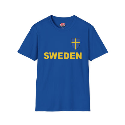 Custom Sweden Soccer Shield Design Economical T-Shirt Add Personalization with Your Name and Number