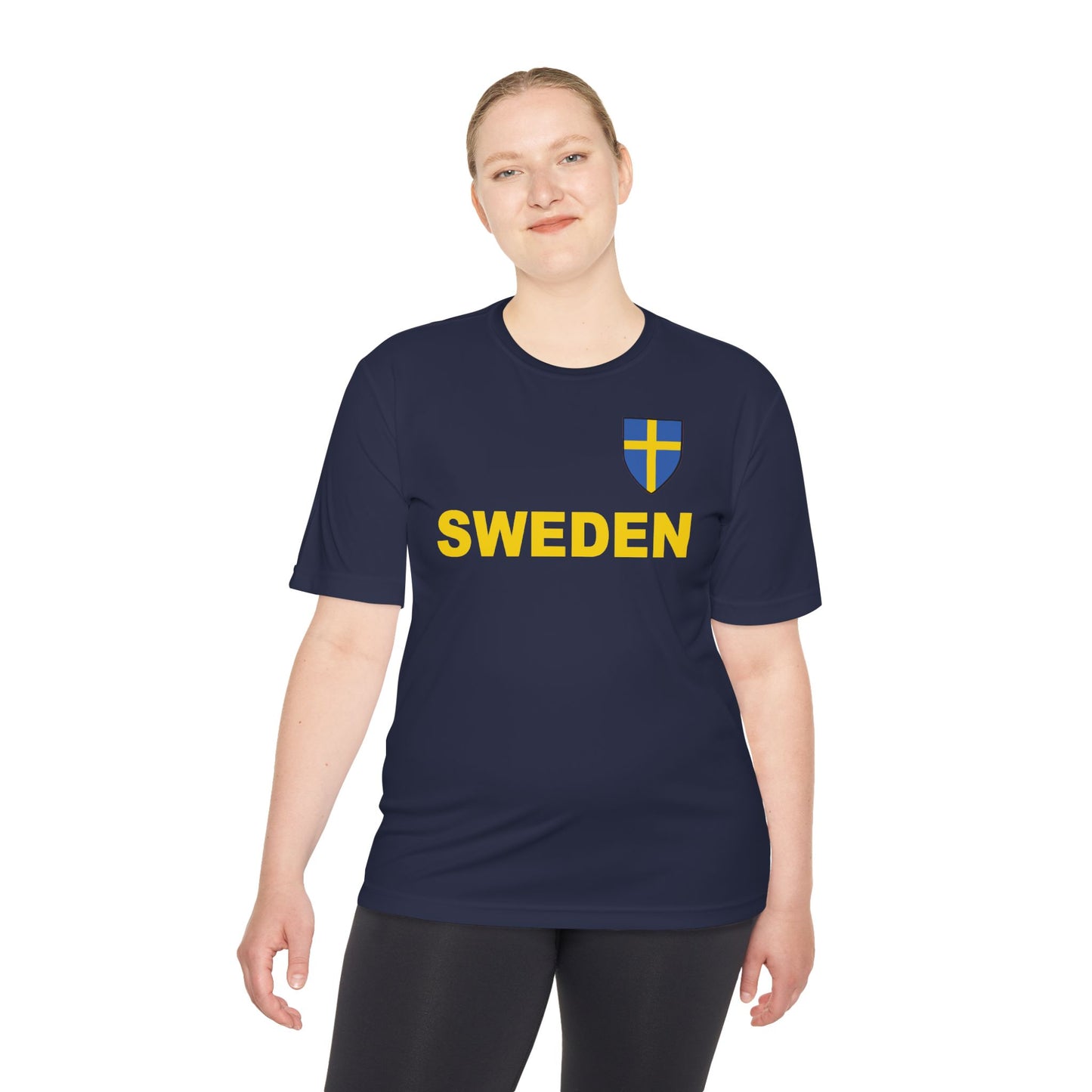 Custom Performance Sweden Soccer Shield Design Moisture Wicking T-Shirt Personalized with Your Name and Number in Your choice of colors