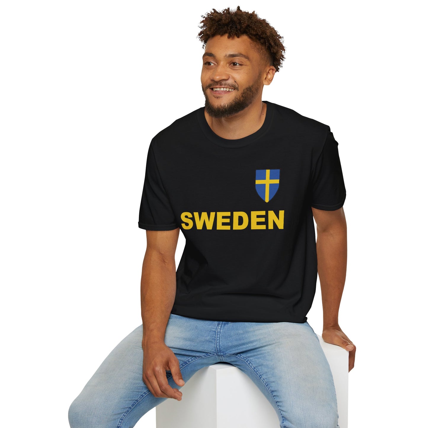 Custom Sweden Soccer Shield Design Economical T-Shirt Add Personalization with Your Name and Number