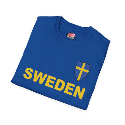 Custom Sweden Soccer Shield Design Economical T-Shirt Add Personalization with Your Name and Number