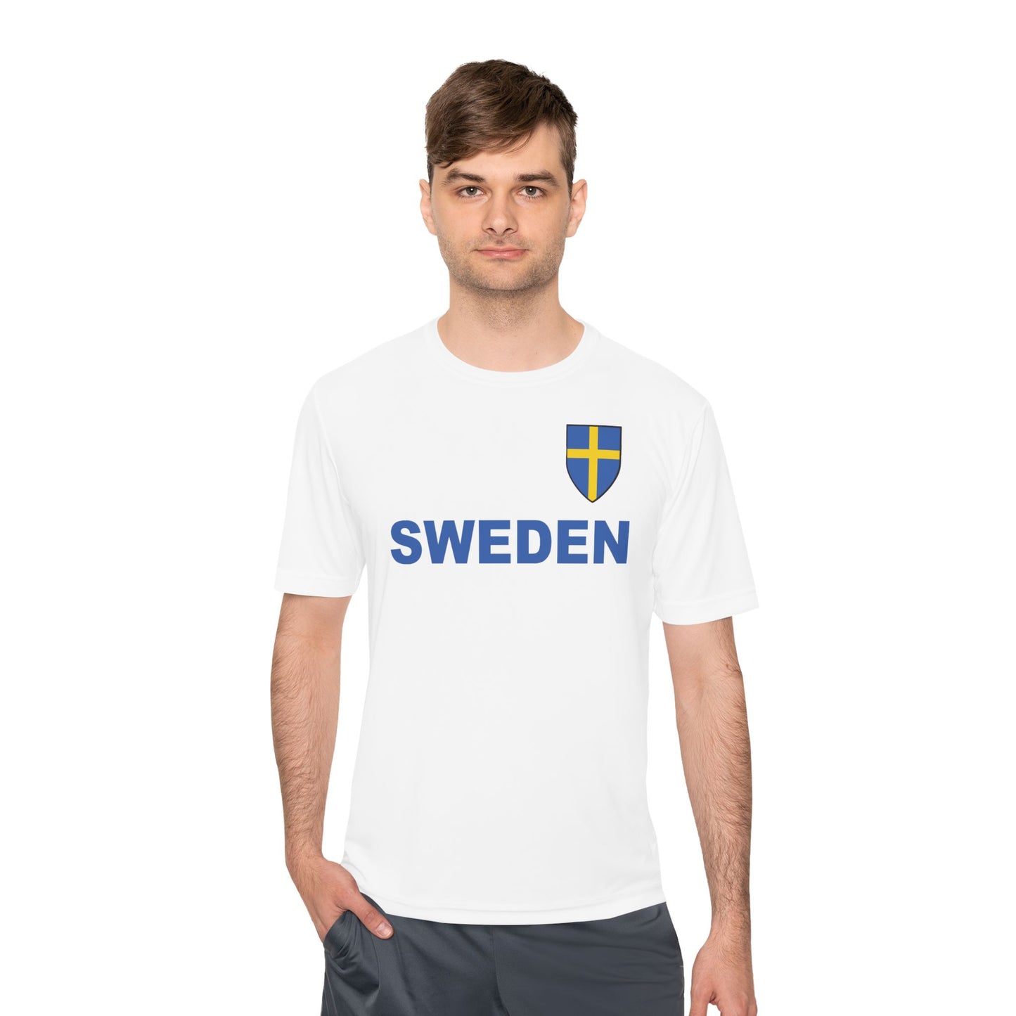 Custom Performance Sweden Soccer Shield Design Moisture Wicking T-Shirt Personalized with Your Name and Number in Your choice of colors