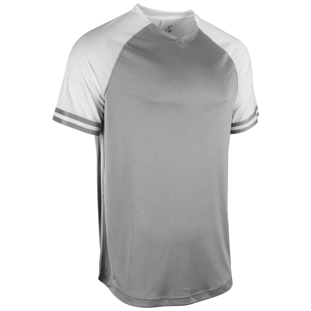 Grey and white v-neck baseball jersey with stripes
