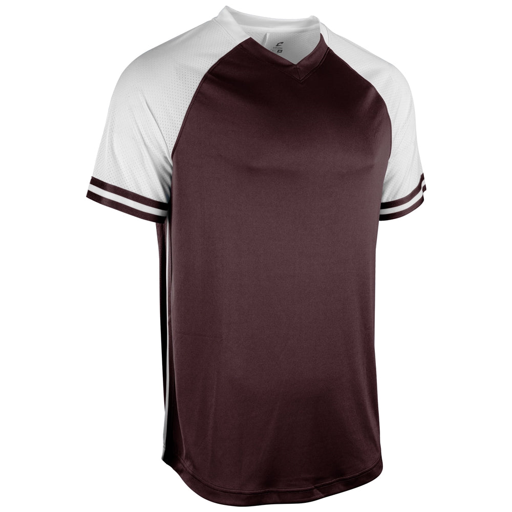 Maroon and white v-neck baseball jersey with stripes