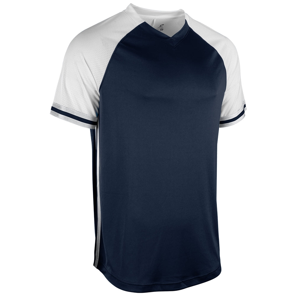 Navy Blue and white v-neck baseball jersey with stripes