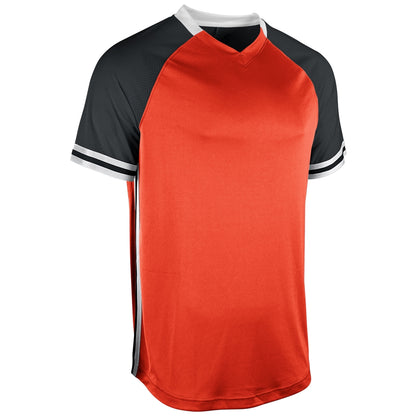 Orange Black and white v-neck baseball jersey with stripes