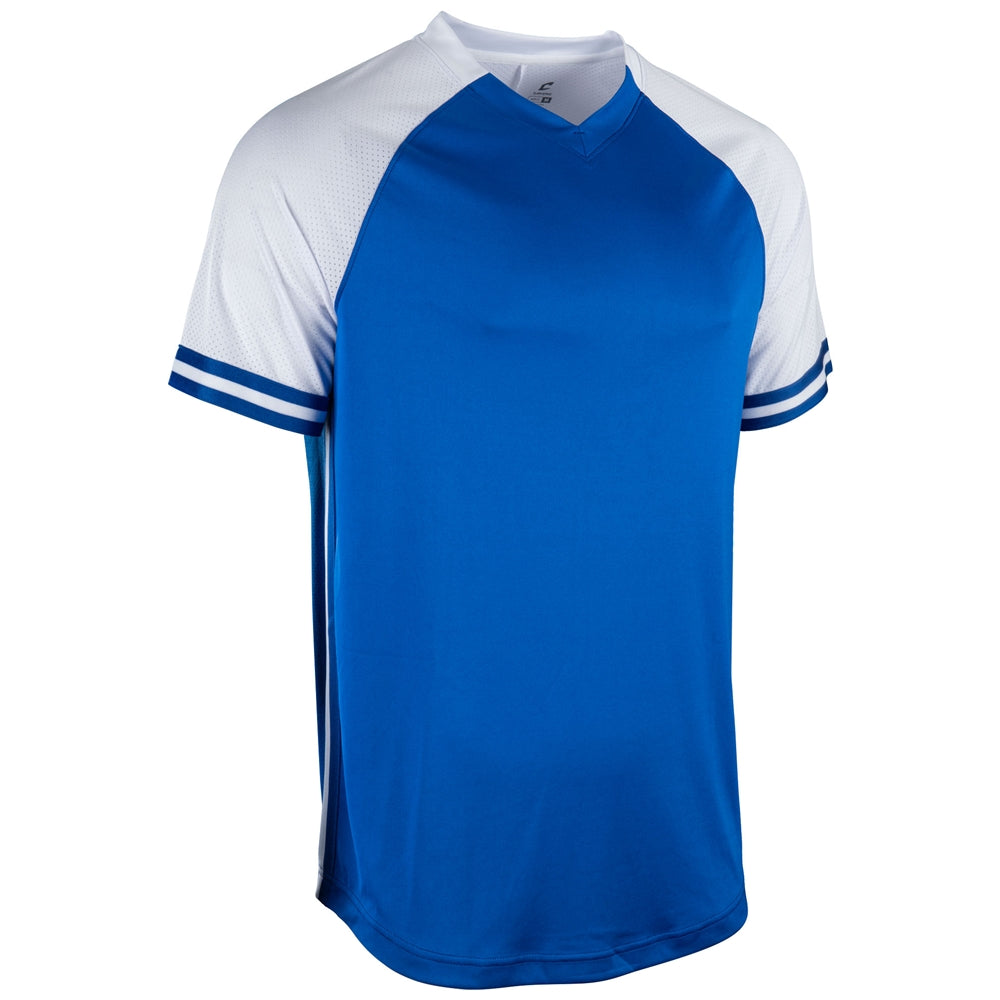 Royal Blue and white v-neck baseball jersey with stripes
