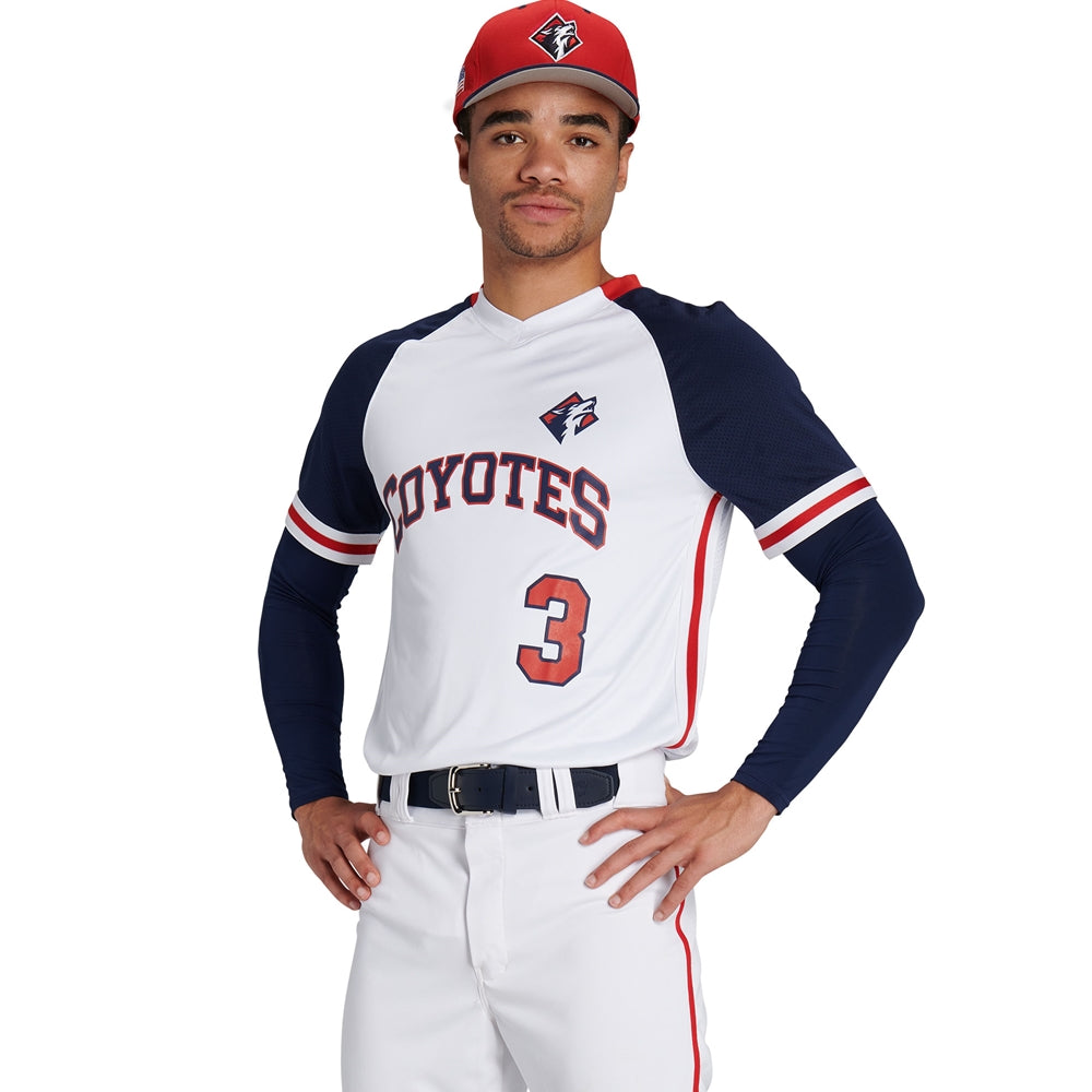 Model front view  v-neck baseball jersey with stripes