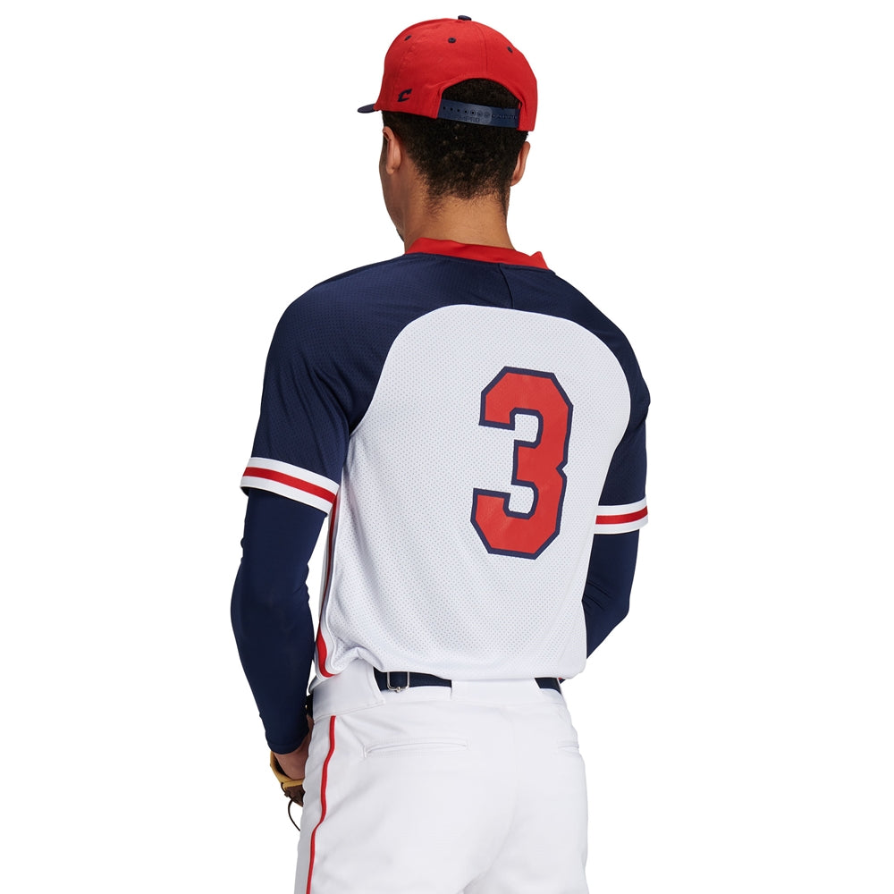 Model back view v-neck baseball jersey with stripes