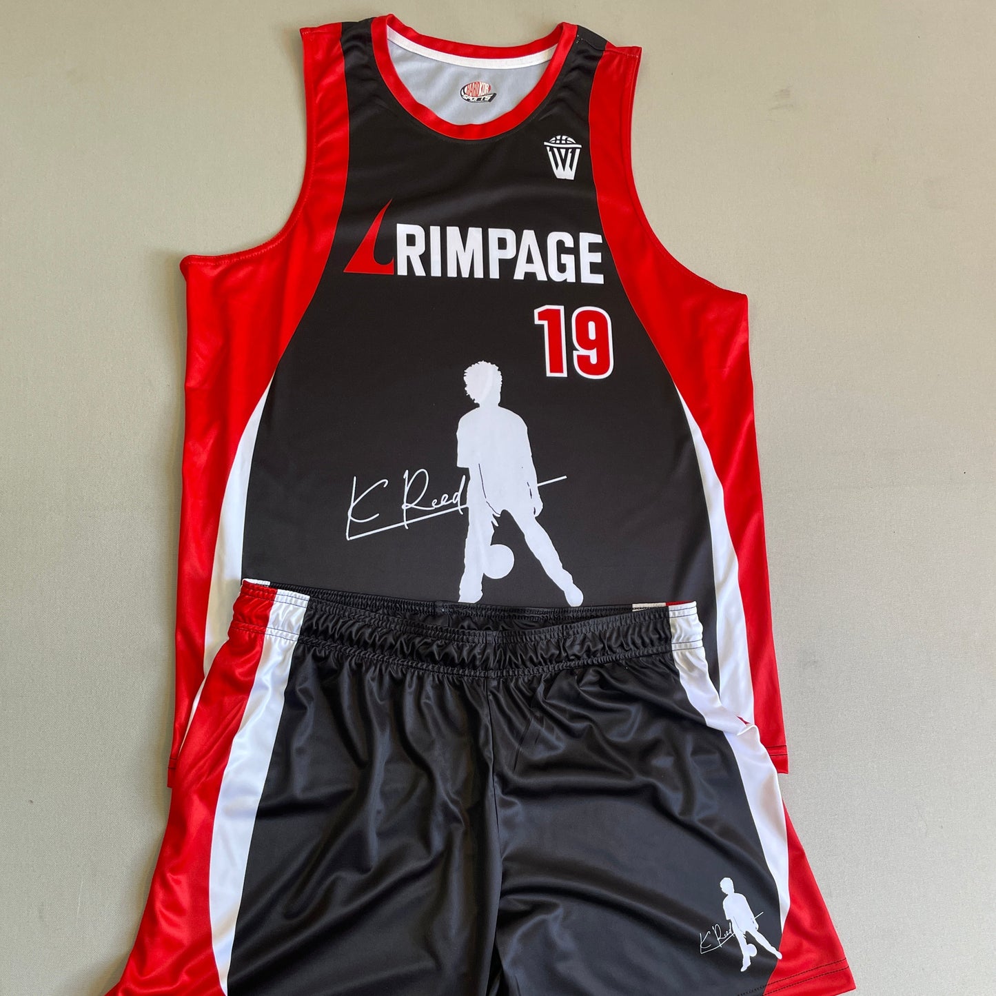 Custom Rimpage Black, Red and White Basketball Uniform