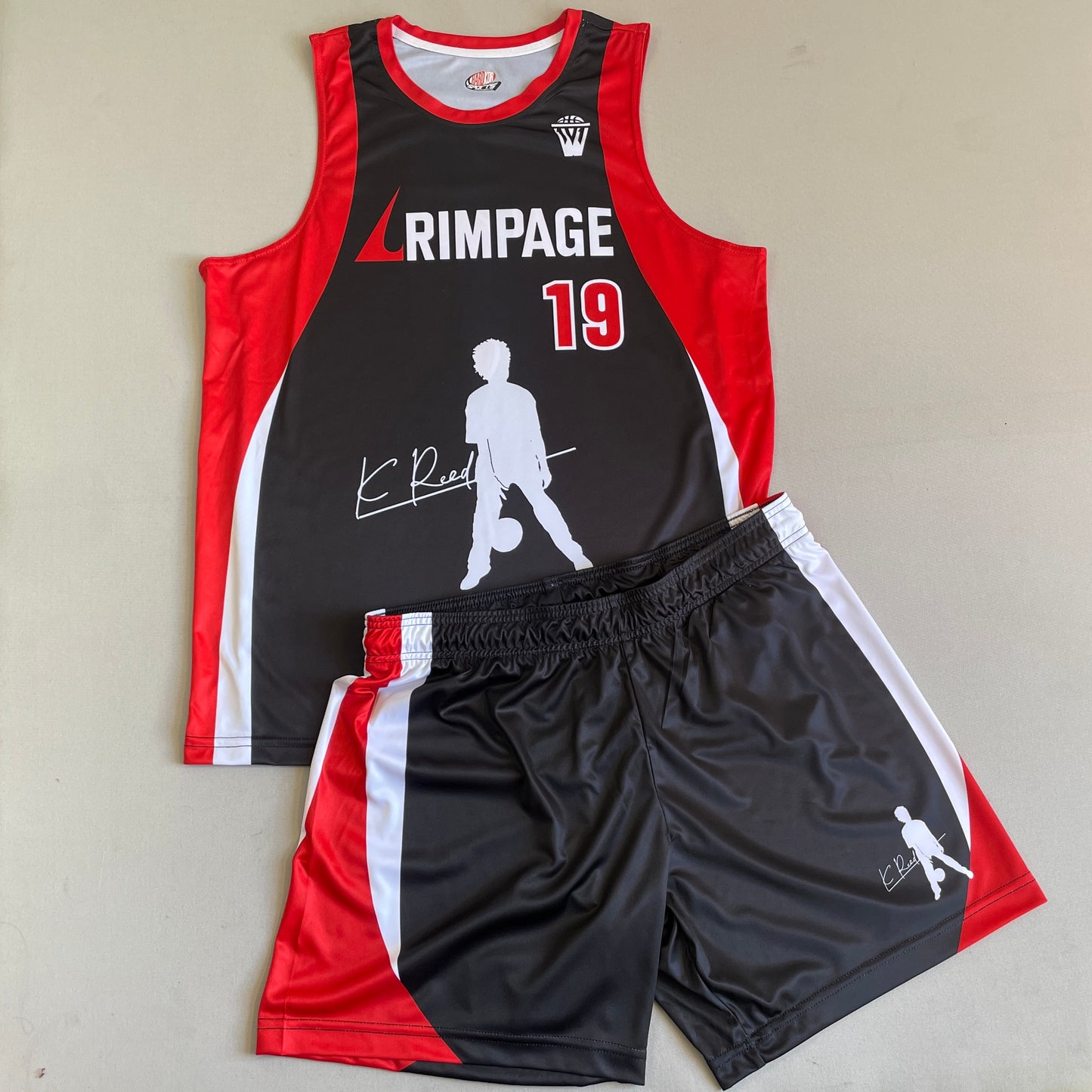 Custom Rimpage Black, Red and White Basketball Uniform
