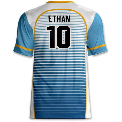 Custom Argentina Soccer Jersey – Light Blue White Gold Edition – Pro Look – Personalized Name and Number