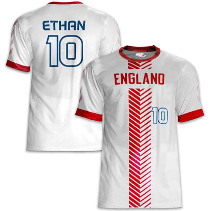 Custom England Soccer Jersey – White Red Edition – Pro Look – Personalized Name and Number