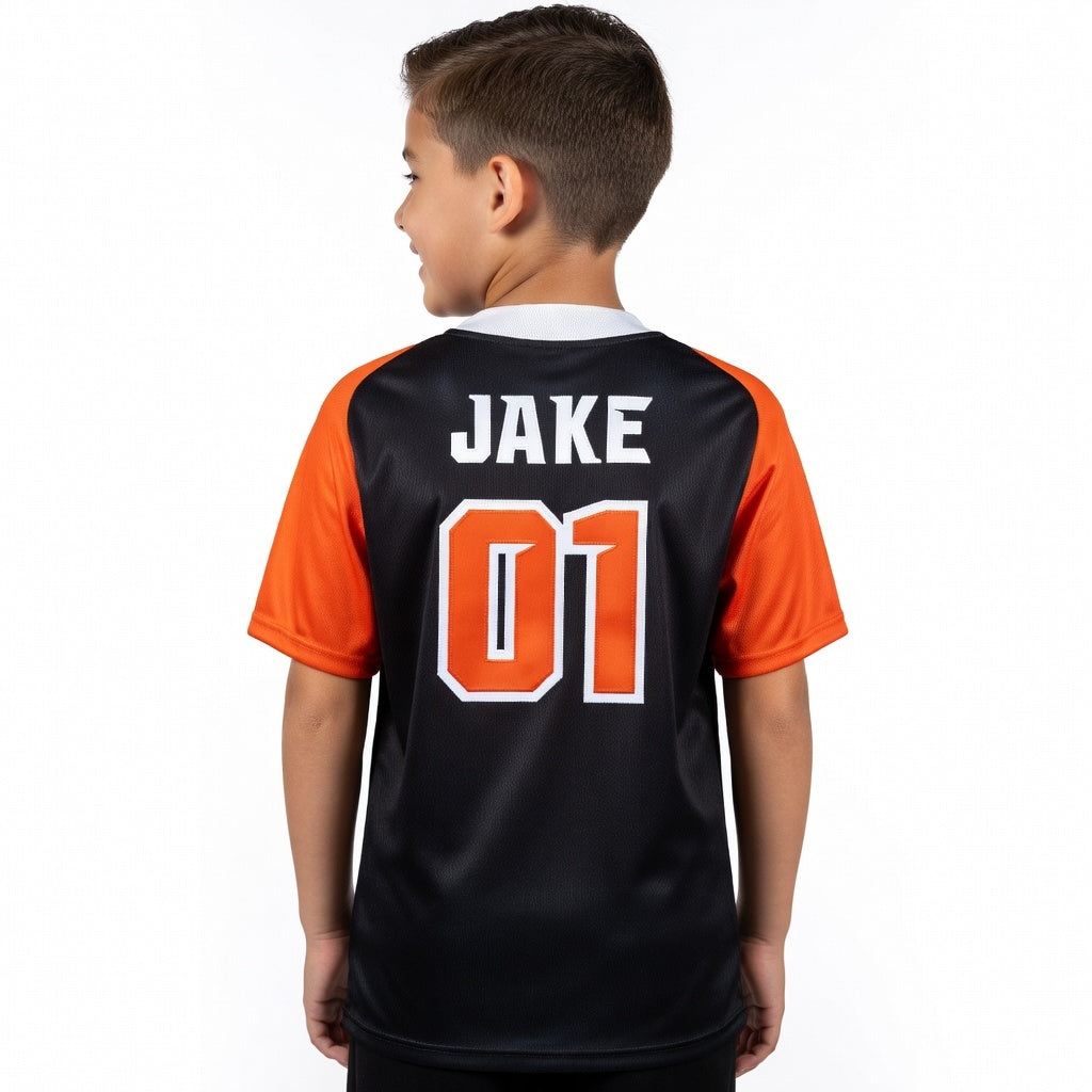 Classic Color‑Block Baseball Jersey with Modern Script – Black / Orange / White