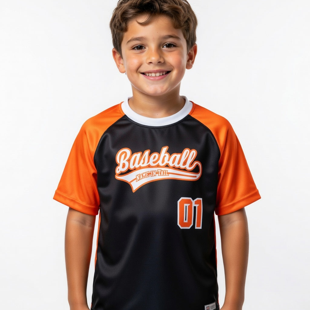 Classic Color‑Block Baseball Jersey with Modern Script – Black / Orange / White